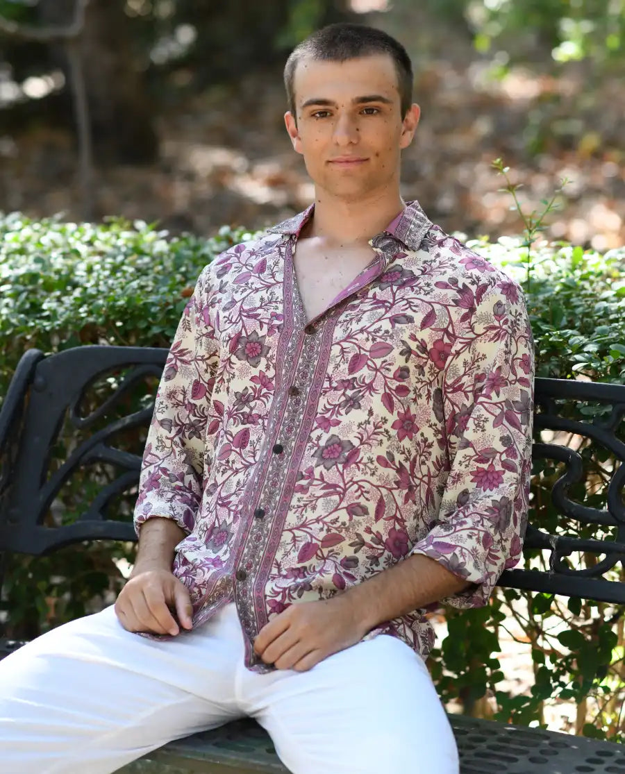 Camisa hombre de seda flor fucsia