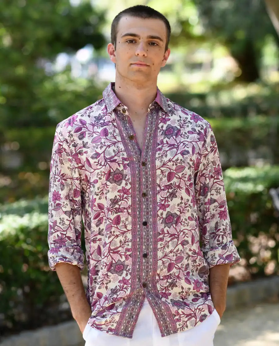 Camisa hombre de seda flor fucsia