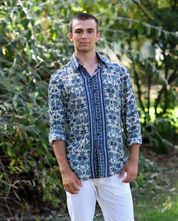 Camisa de Seda Hombre Azul