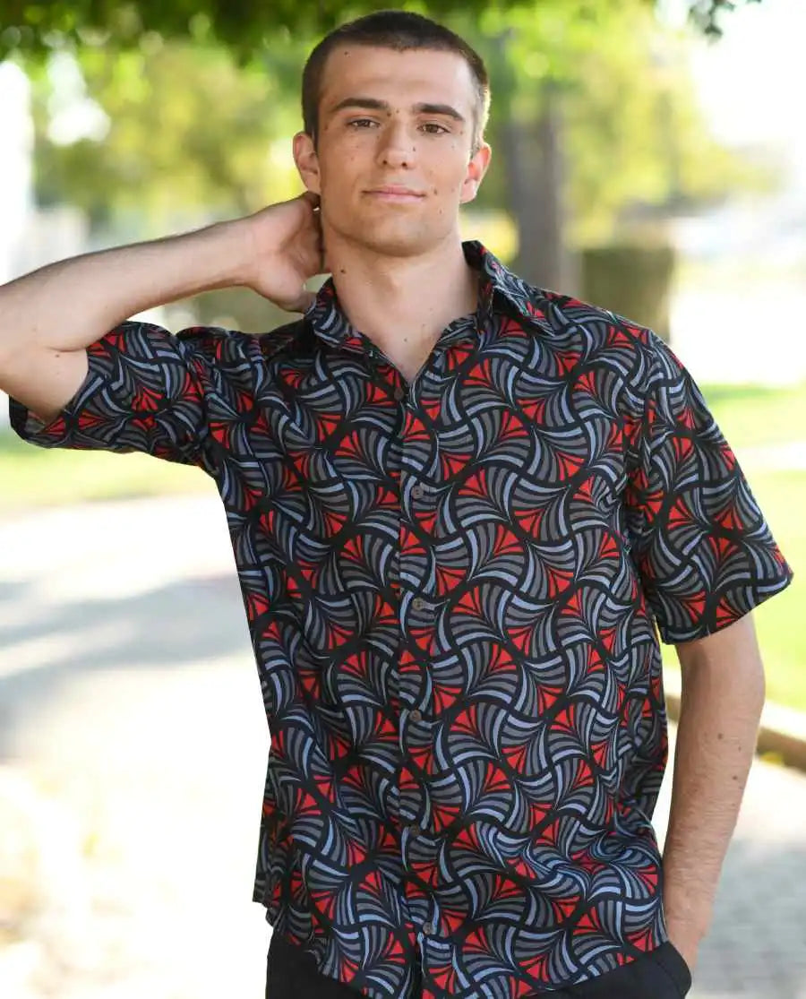 Camisa Algodón hombre manga corta. Gris + Rojo