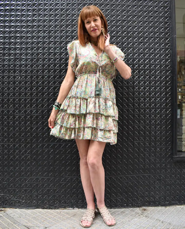 Vestido Seda Corto Volantes