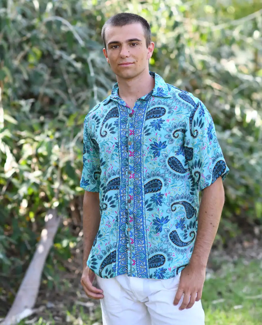 Camisa de seda hombre con Manga corta., Color turquesa