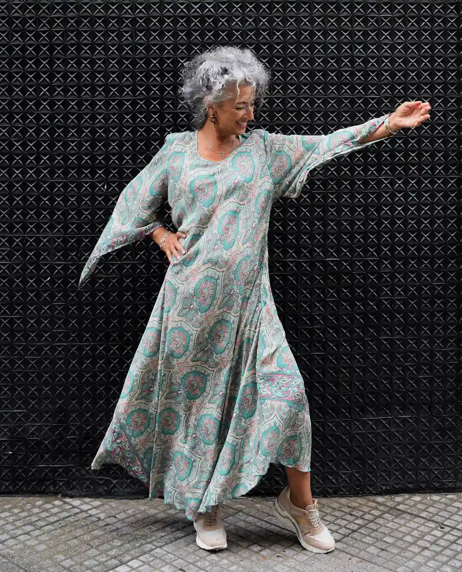 Vestido Largo Seda Manga Kimono