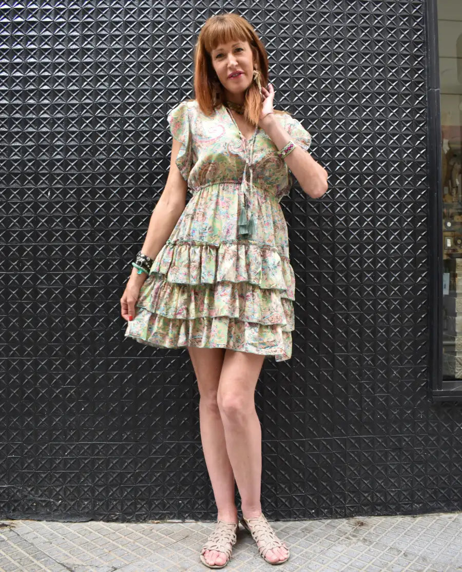 Vestido Seda Corto Volantes
